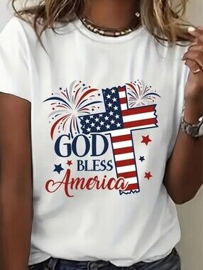 Women's God Bless America Patriotic Graphic Tee - White